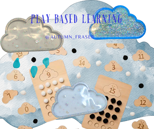 ☁️ Wooden Counting Cloud Boards – With 40 Clouds, Pom Poms and Resin Tray