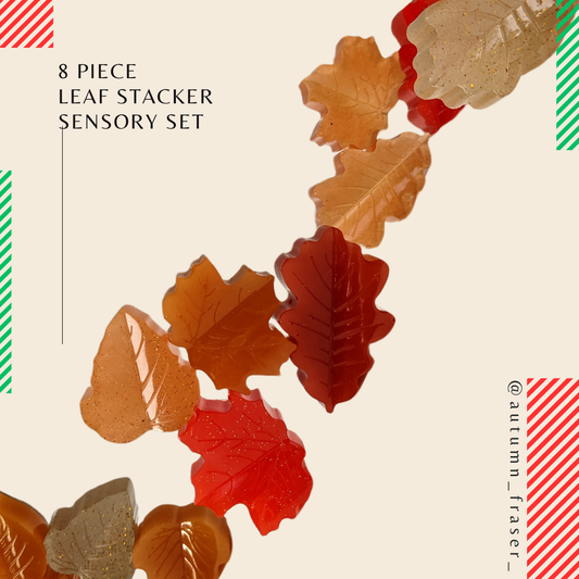 fall coloured leaves made with bio based resin in four different leaf types and many warm colours of varying opacities.